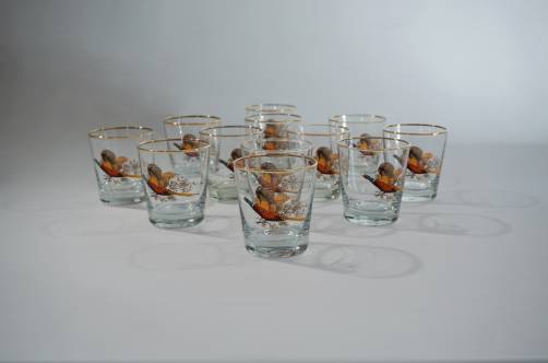 Whisky glasses, set of 12, pheasants by West Virginia Glass, 1950`s ca, American